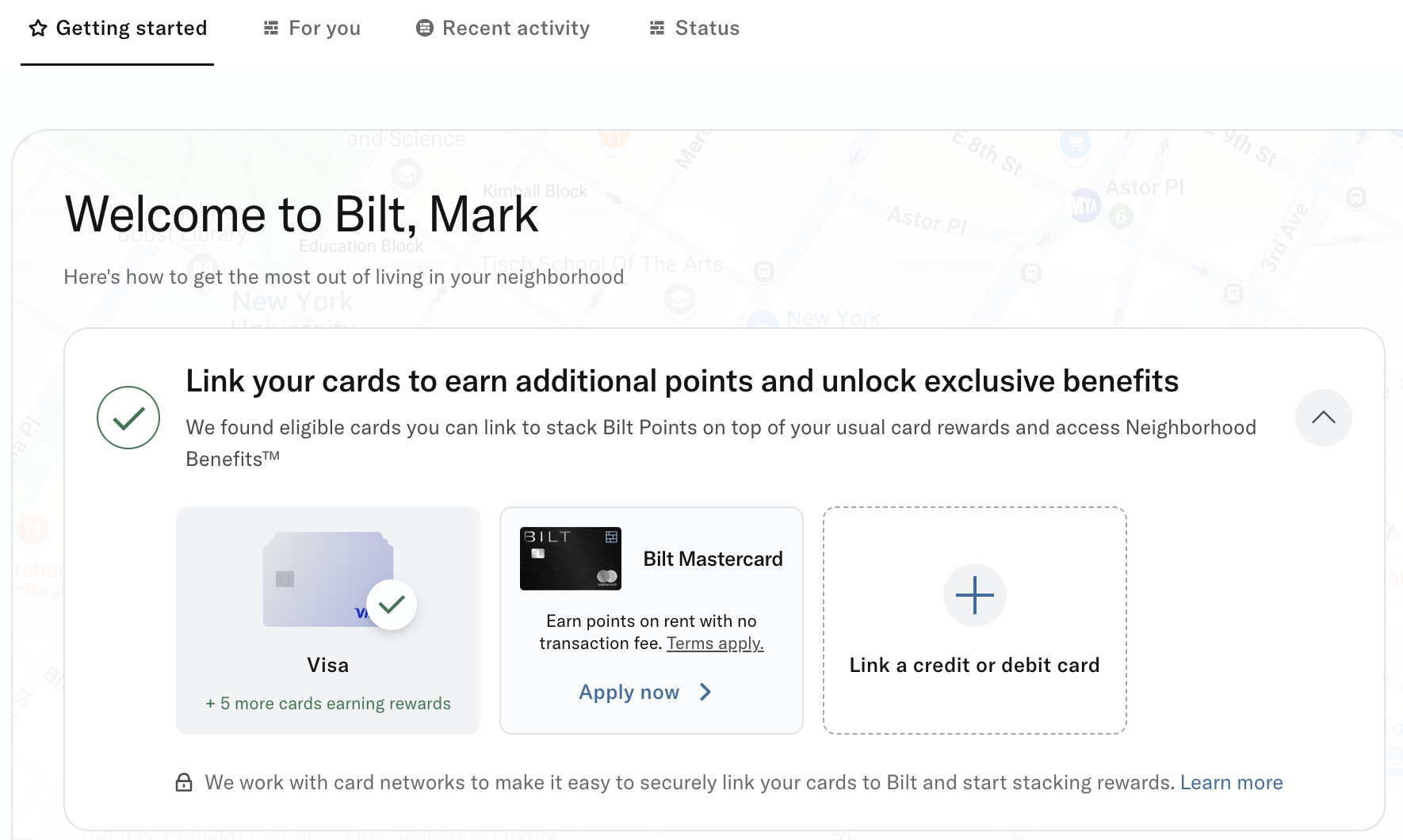 Linking cards to bilt account